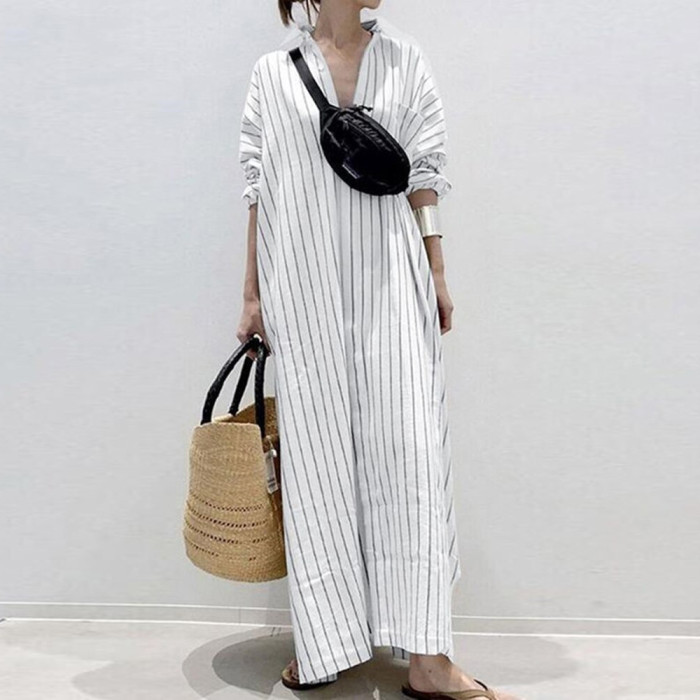 Striped Color Block Lapel Long Sleeve Loose Casual Fashion  Maxi Dress
