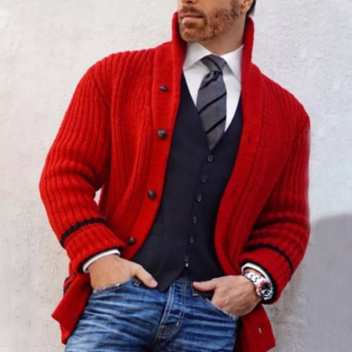 Fashion Men's Loose Warm Single Breasted Striped Knitted Sweater Cardigan