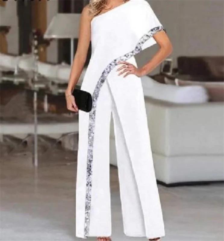 Sexy Off-Shoulder Stitching Fashion Print Straight High Waist Jumpsuit