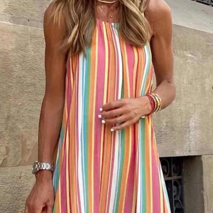 Fashion Stripe Print Sleeveless Suspender High Waist Loose Maxi Dress