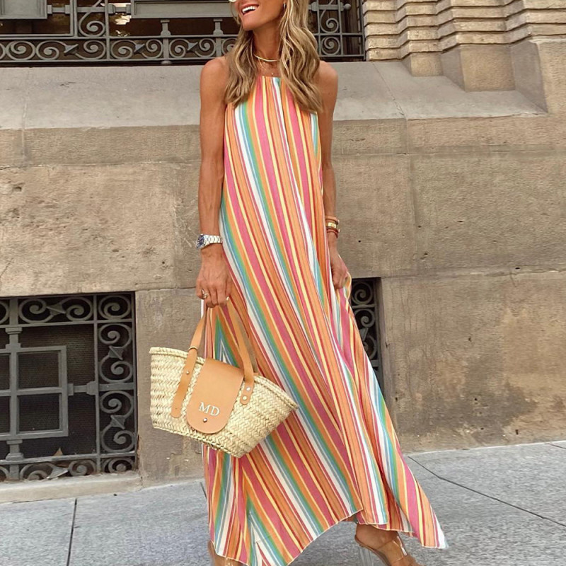 Fashion Stripe Print Sleeveless Suspender High Waist Loose Maxi Dress