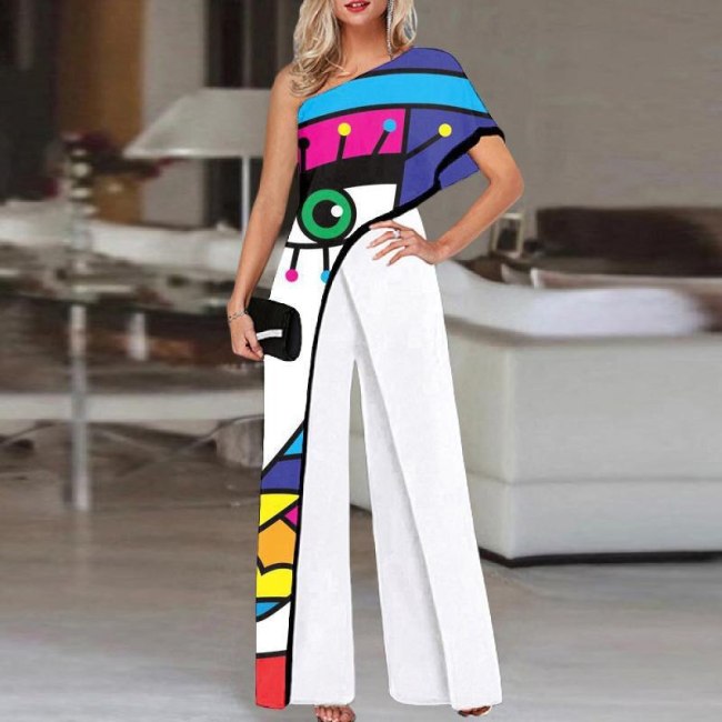 Sexy Off-Shoulder Stitching Fashion Print Straight High Waist Jumpsuit