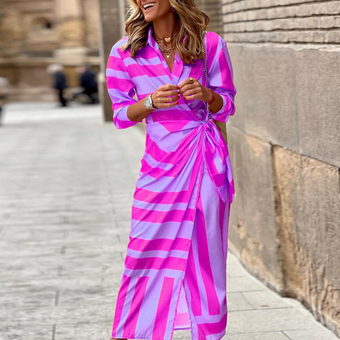 Sexy Lapel Color Block Stripe Print Elegant Pleated Casual Resort  Maxi Dress