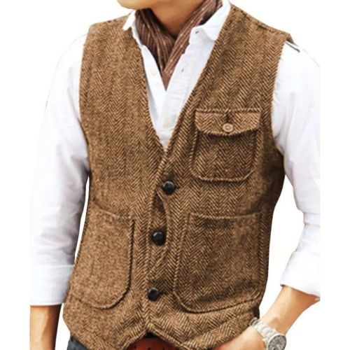 Men's Fashion Herringbone Wool Tweed V-Neck Single Breasted Vintage Cargo Vest