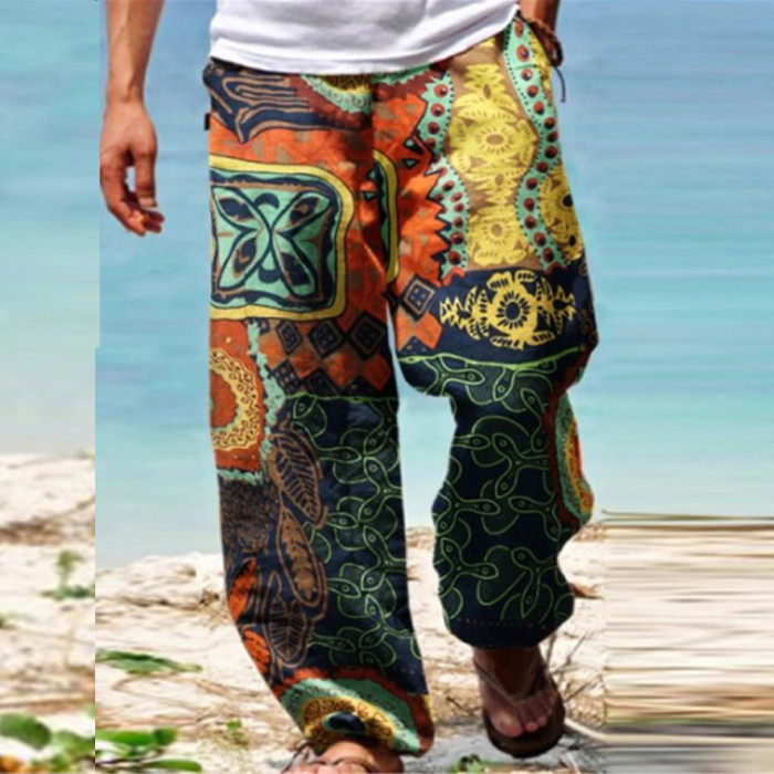 Men's Fashion Loose Casual Print Vintage Beach Wide Leg Pants