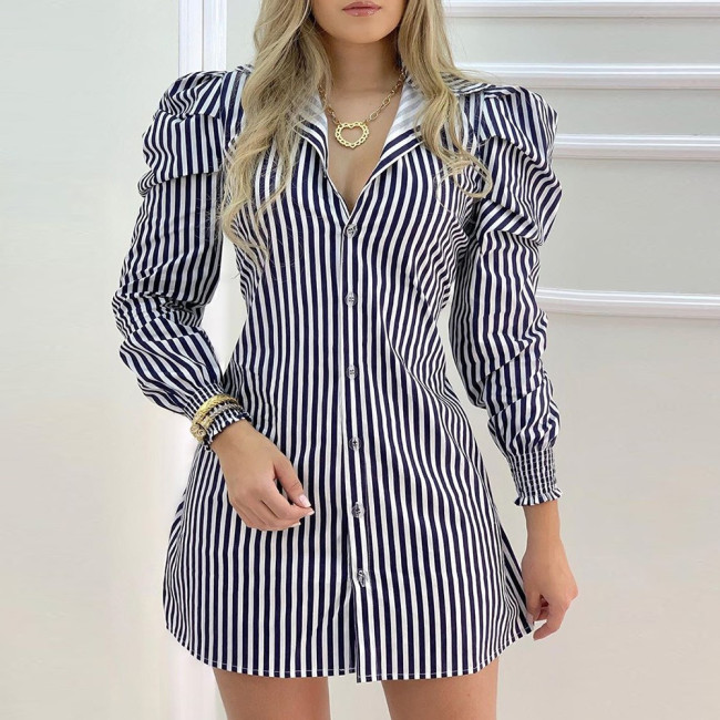 Striped Button Puff Sleeve Shirt Fashion Casual Mini Dress