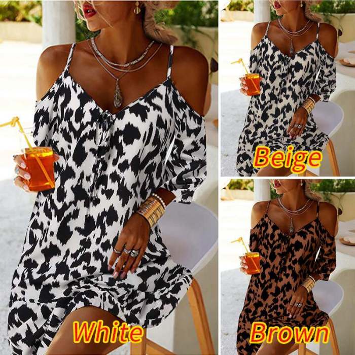 Chic A-Line Off-Shoulder Leopard-Print Bohemian Beach Mini Dress