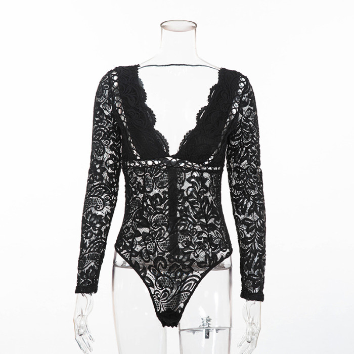 Backless Long Sleeve Skinny Sexy Femme Hollow Out Lace Bodysuits
