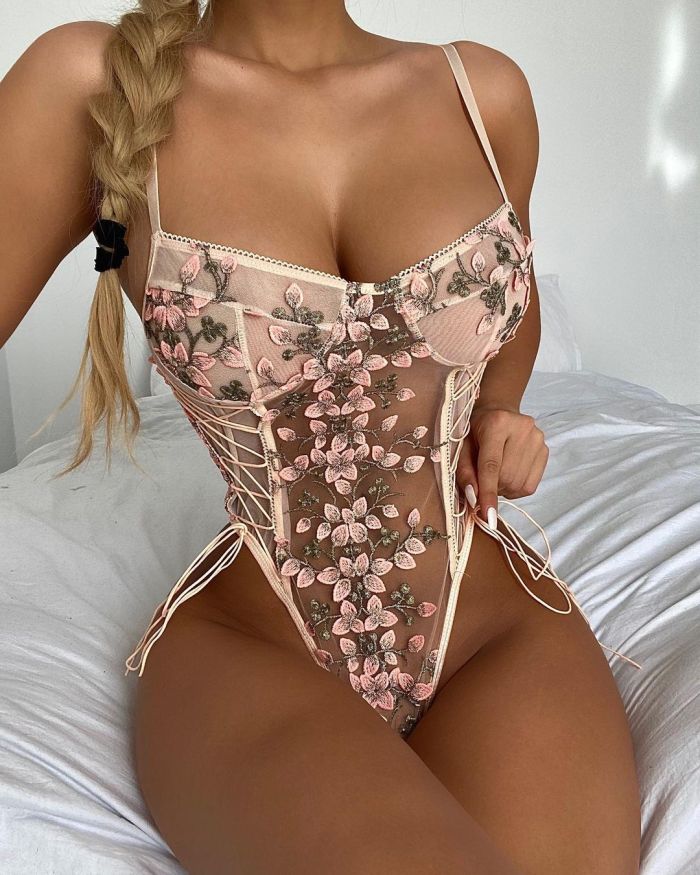 Sexy Floral Embroidery Lace Bodysuit