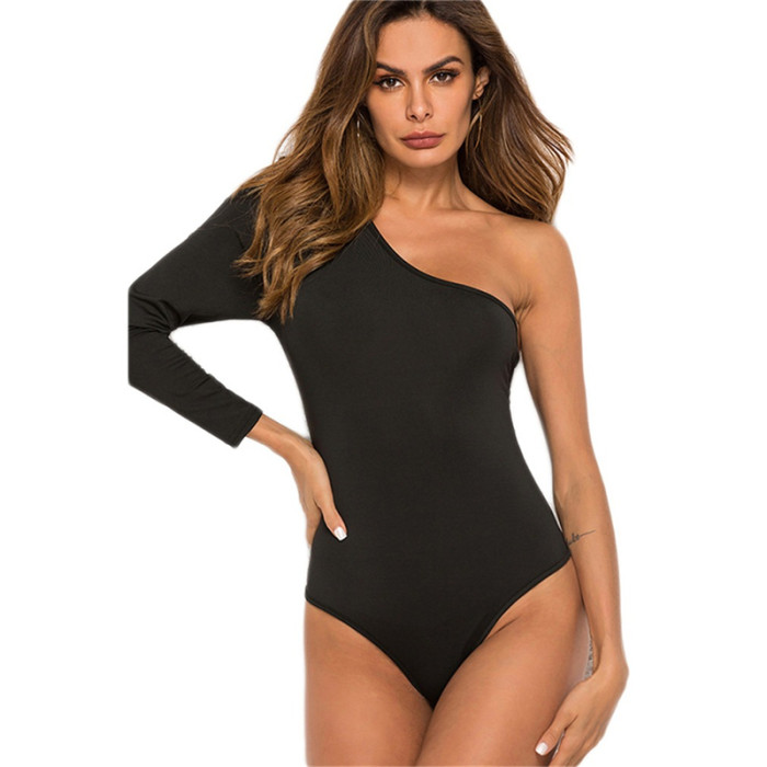 Sexy One Shoulder Long Sleeve Solid Color Bodysuit