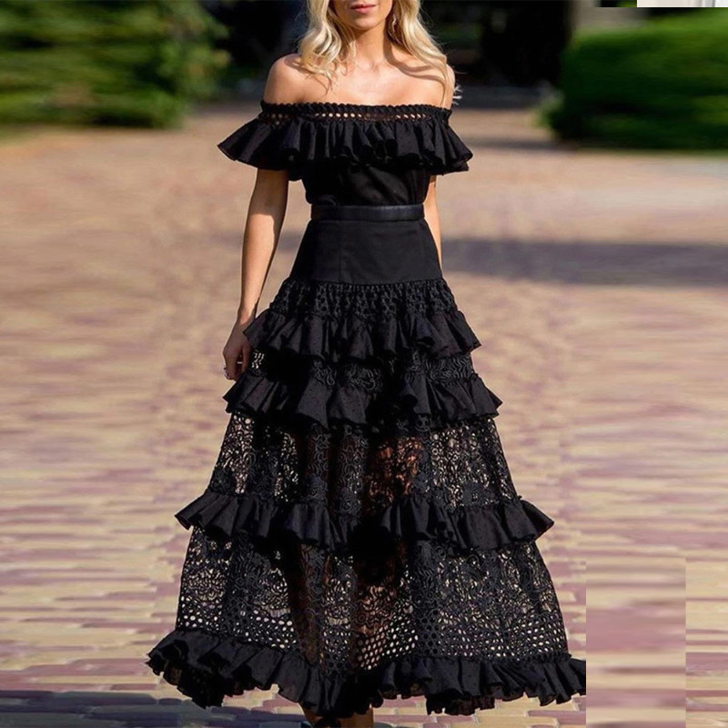 One-ShoulderElegant Solid Color Ruffle Fashion Sleeveless Lace Hollow Party Sexy  Evening Dress