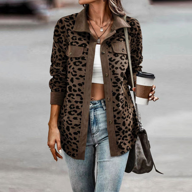 Fashion Leopard Print Corduroy Long Sleeve Loose Ladies Jacket