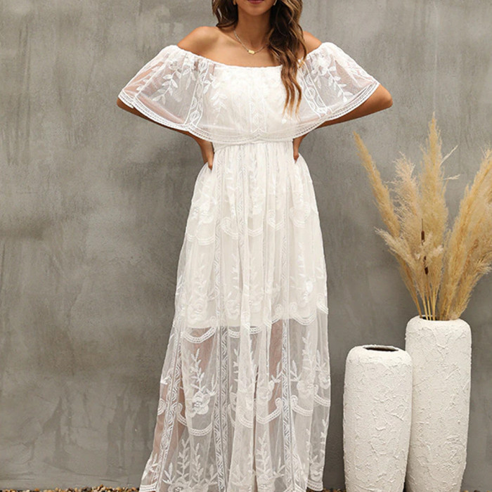 Boho Solid Loose Embroidered Lace Corset Vacation Maxi Dress