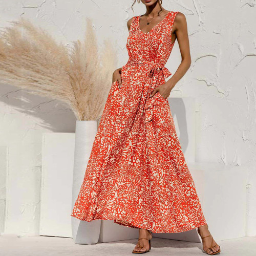Trendy Boho Elegant Party V Neck Floral Sleeveless Maxi Dress