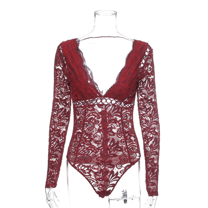 Backless Long Sleeve Skinny Sexy Femme Hollow Out Lace Bodysuits