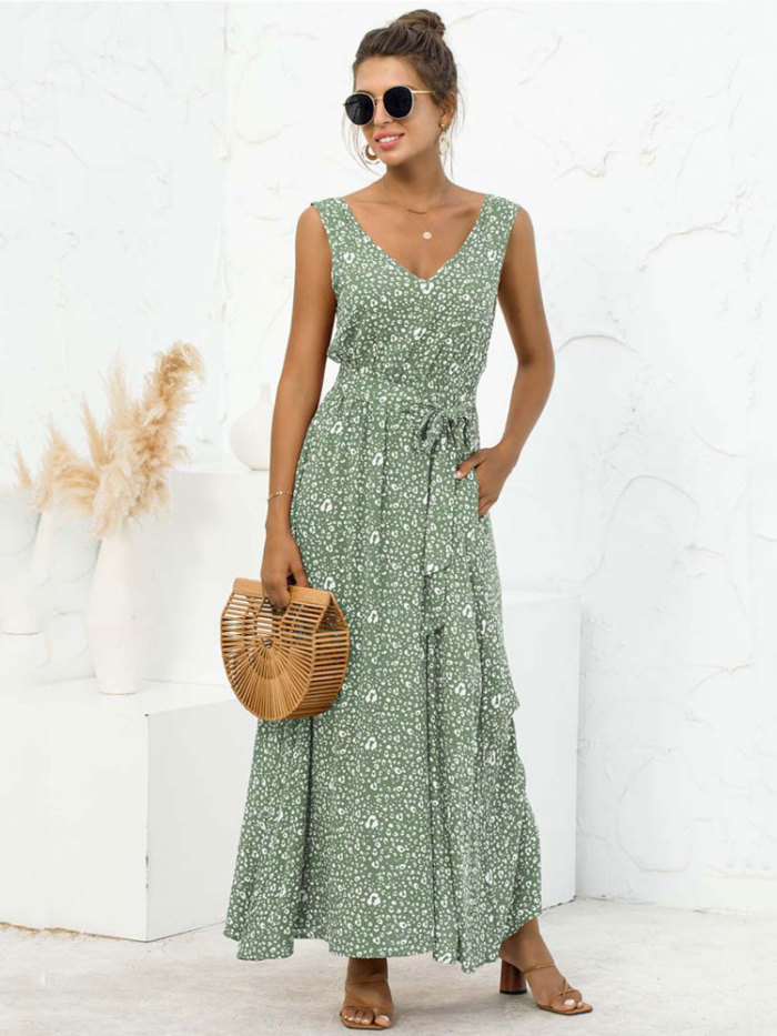 Trendy Boho Elegant Party V Neck Floral Sleeveless Maxi Dress