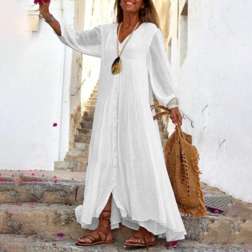 Boho Style Elegant V Neck Single Breasted Casual Puff Sleeve Solid Color Maxi Dress