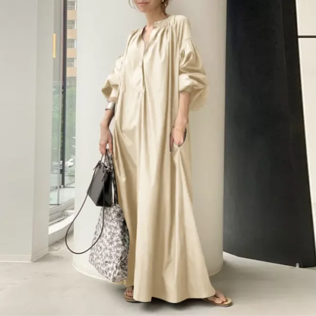 Fashion Elegant Solid Color Shirt Casual Loose V Neck Maxi Dress