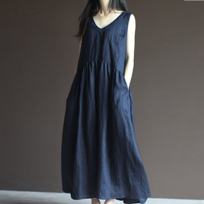 Cotton Linen Loose Fashionable Comfortable Sleeveless Solid Color Retro  Maxi Dress