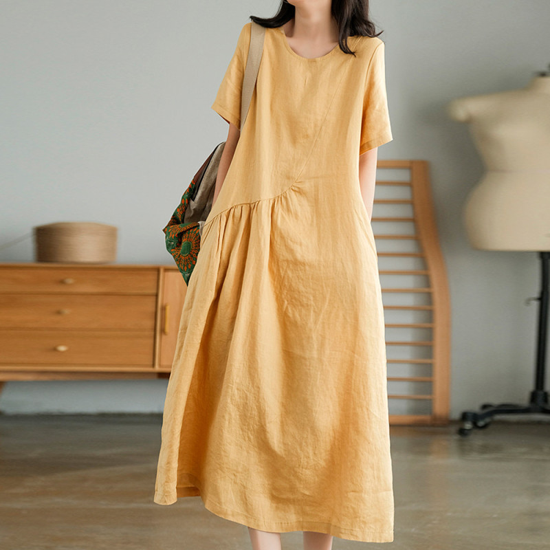 Fashion Irregular Cotton Linen Round Neck Solid Color Loose  Maxi Dress