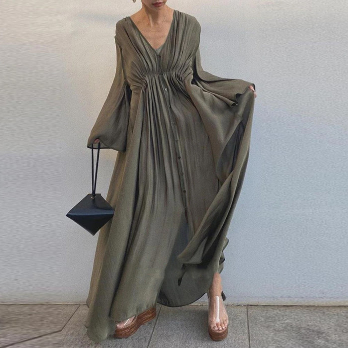 Casual Fashion V Neck Button Bright Color Pleated Loose  Maxi Dress