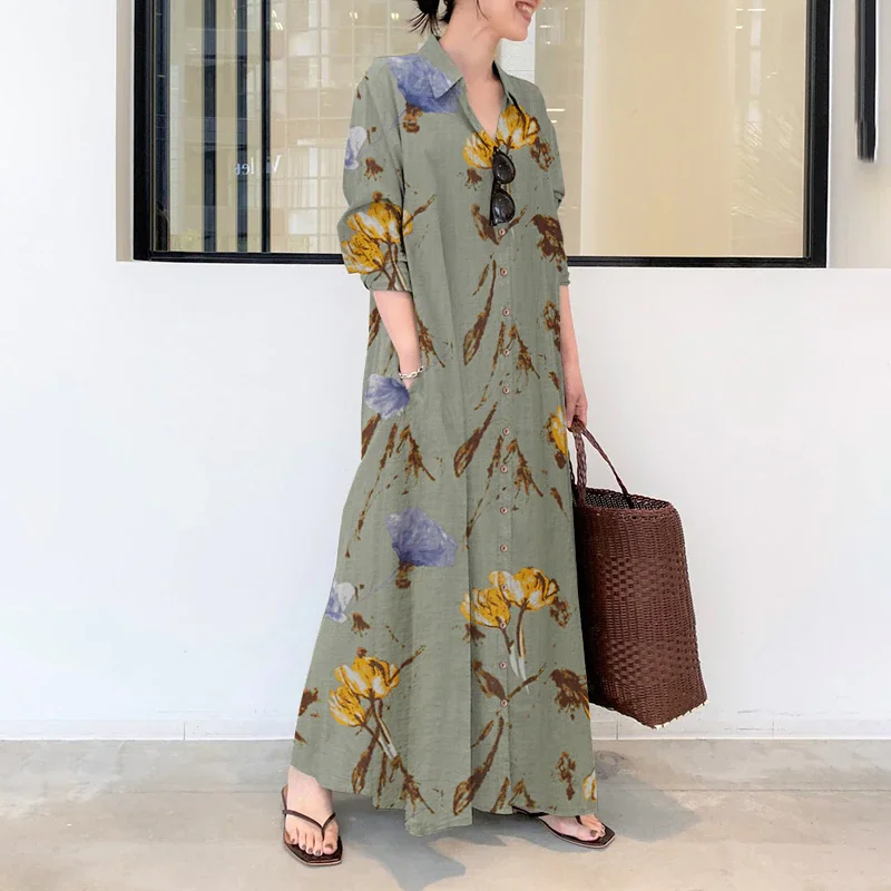 Elegant Printed Shirt Casual Long Sleeve Lapel Button Maxi Dress