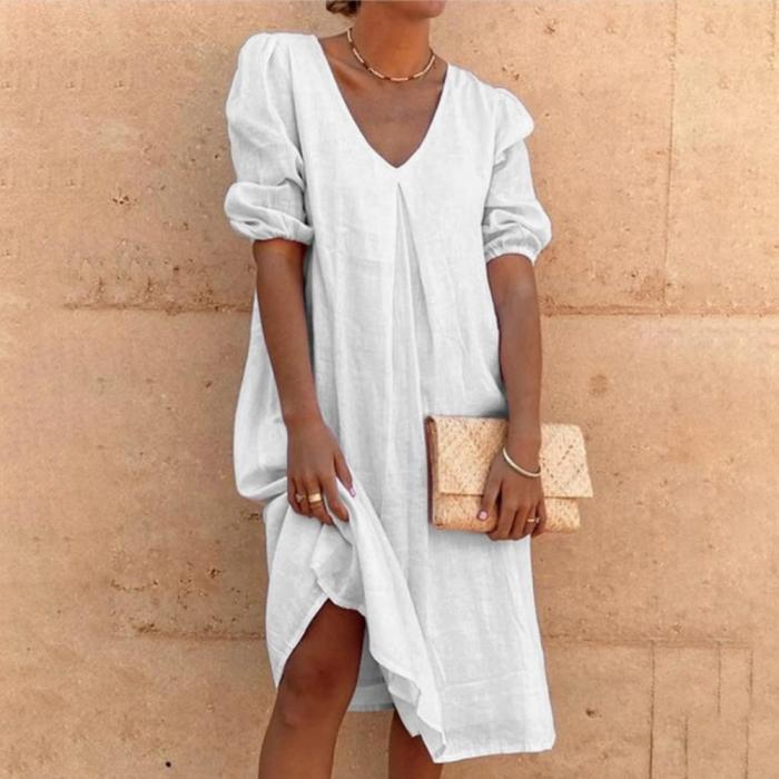 Fashion Loose Casual V Neck Bubble Half Sleeve Solid Color  Midi Dress