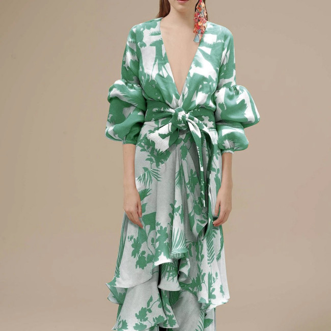 Bohemian Long Sleeve Fashion Print Holiday Deep V Neck Irregular Party Maxi Dress