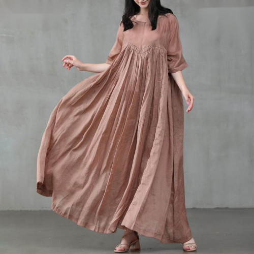Casual Fashion Cotton Linen Round Neck Big Swing Solid Color  Maxi Dress