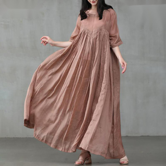 Casual Fashion Cotton Linen Round Neck Big Swing Solid Color  Maxi Dress