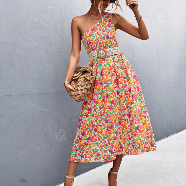 Trendy Bohemian One Shoulder Floral Elegant Print  Vacation Dress