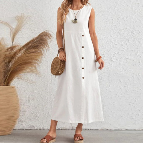 Fashion Round Neck Sleeveless Button Solid Color Cotton Linen Midi Dress