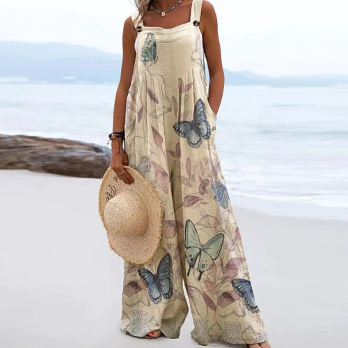 Retro Print Double Pocket Casual Loose Sleeveless Beach Wide Leg Jumpsuit