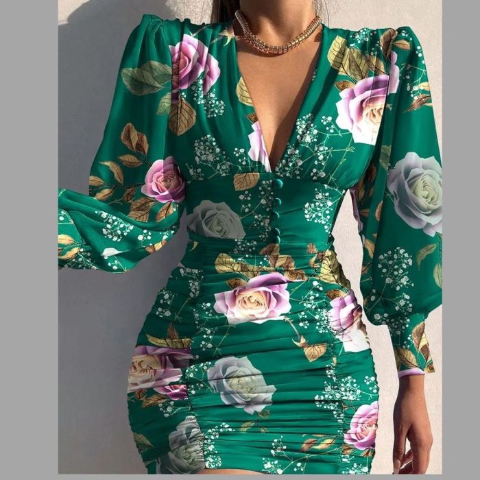 Fashion Print Pleated Casual Puff Sleeve V Neck Mini Bodycon Dress