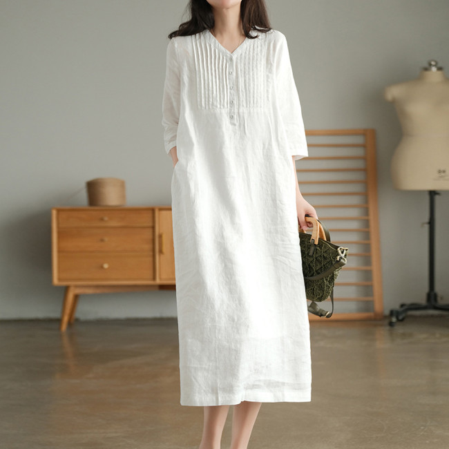 Fashion Loose Solid Color V Neck Cotton Linen Midi Dress