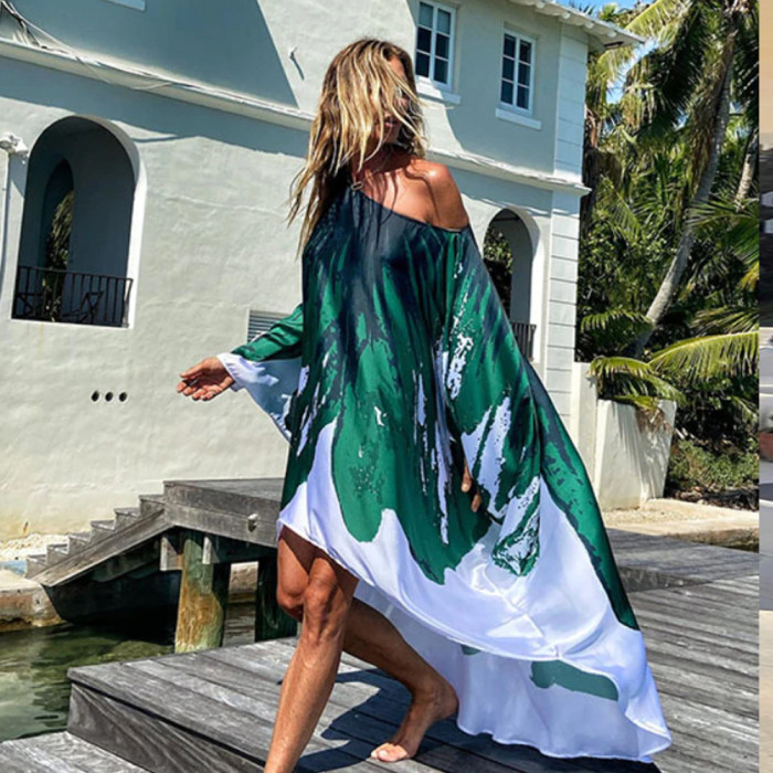 Fashion Slant Shoulder Print Casual Sexy Beach Swing Vacation Dress