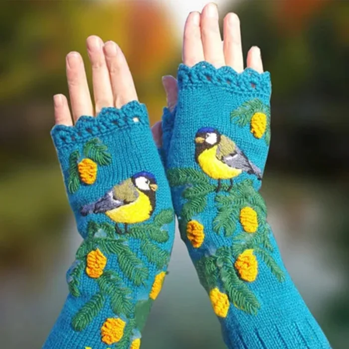Fashion Knit Fingerless Boho Ethnic Embroidery Half Finger Gloves