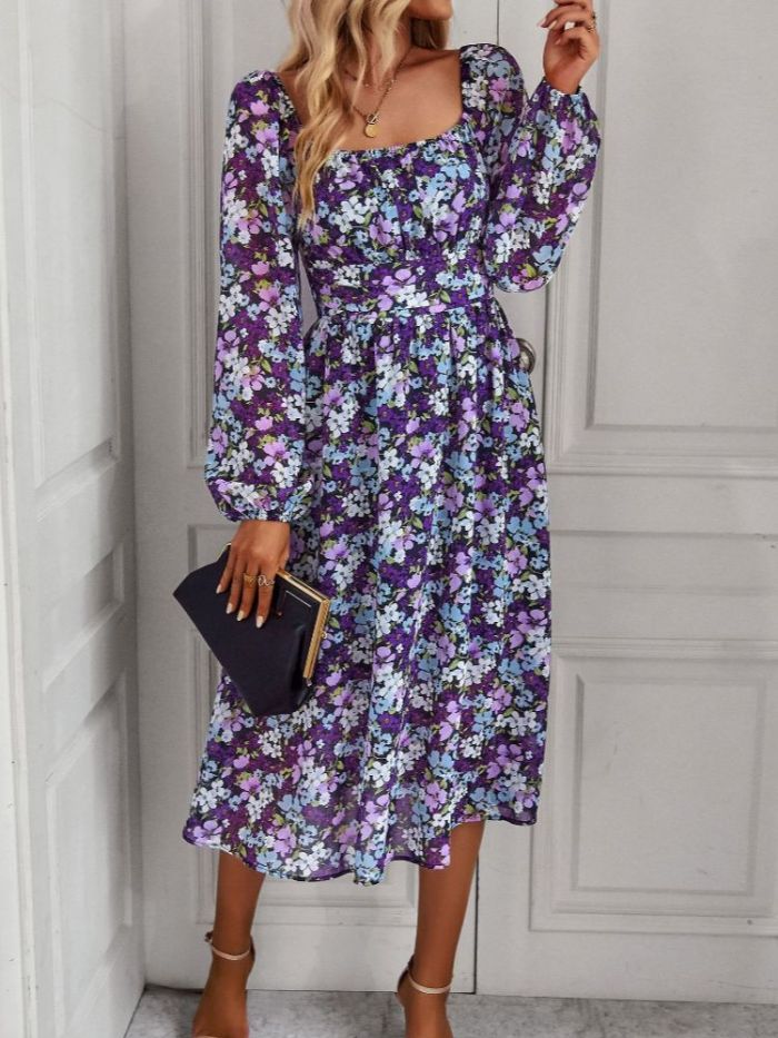 Bohemia Floral Print Casual Square Collar Midi Dress