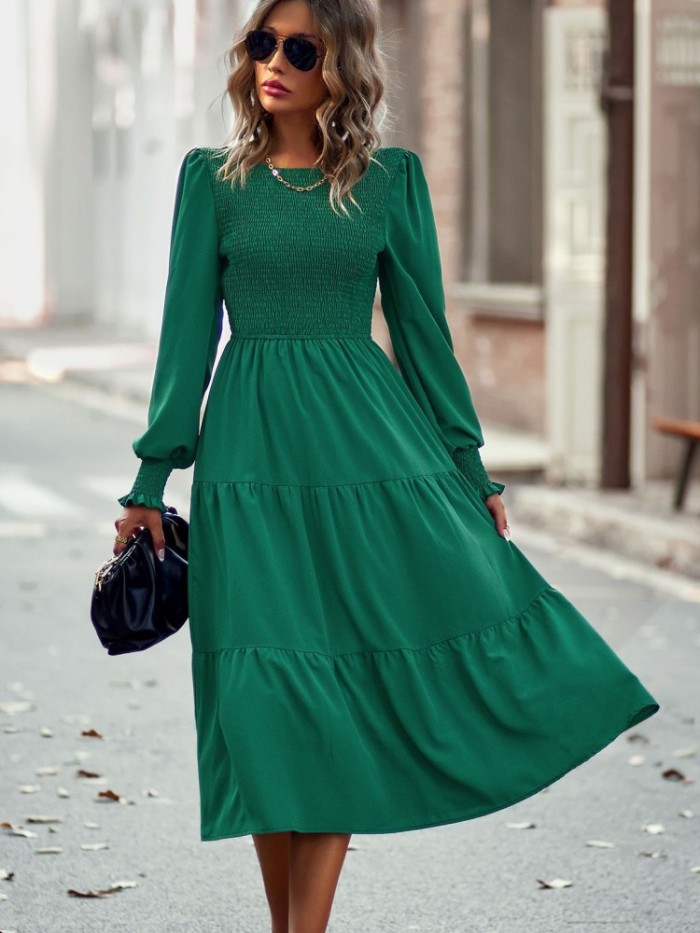 Vintage Lantern Sleeve Fashion Causal Midi Dress