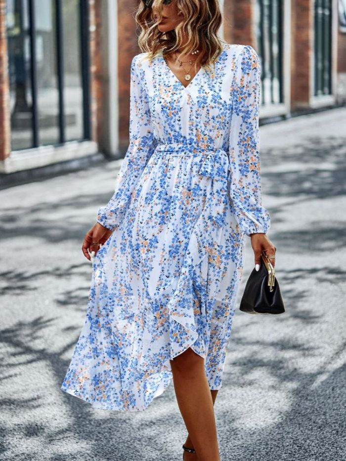 Fashion V-neck High Waist Print Midi Dress