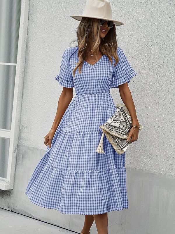 Vintage Plaid Casual Ruffles High Waist Midi Dress