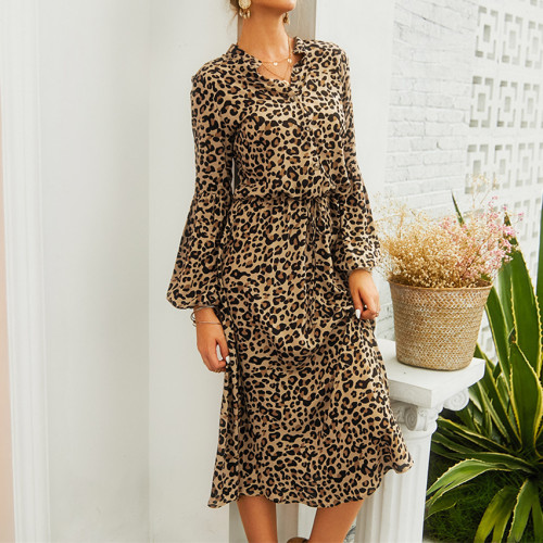 Leopard Print Casual Long Sleeve Loose Dress