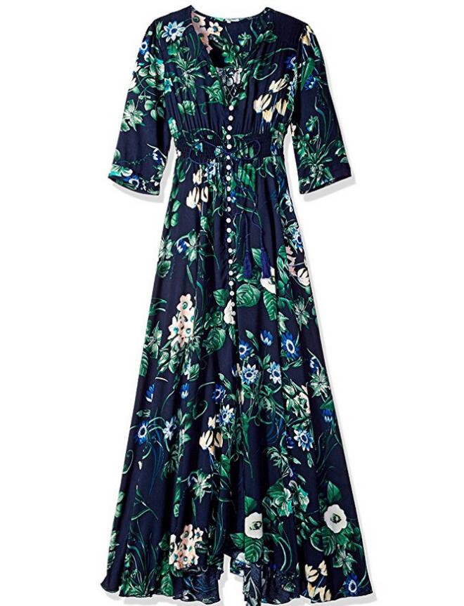 Women's Button Up Split Print Flowy Party Maxi Dress