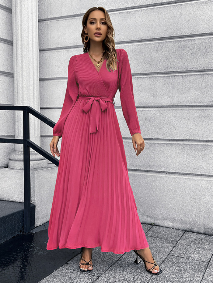 Elegant Casual V-neck High Waist Sashes Vintage Maxi Dress