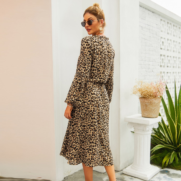 Leopard Print Casual Long Sleeve Loose Dress