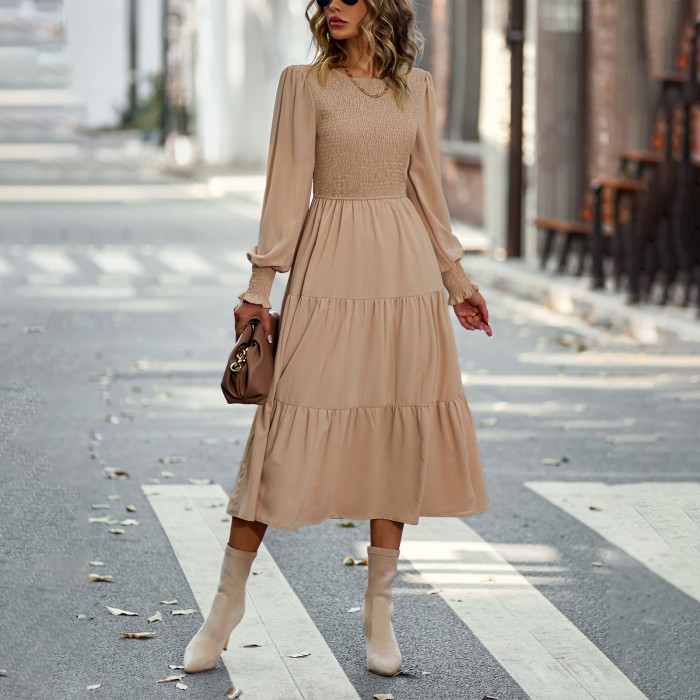 Vintage Lantern Sleeve Fashion Causal Midi Dress
