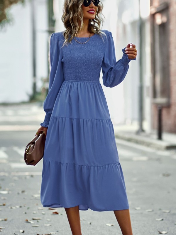 Vintage Lantern Sleeve Fashion Causal Midi Dress