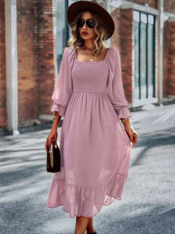 Lace Lantern Sleeve Ruffles Casual  High Waist Midi Dress