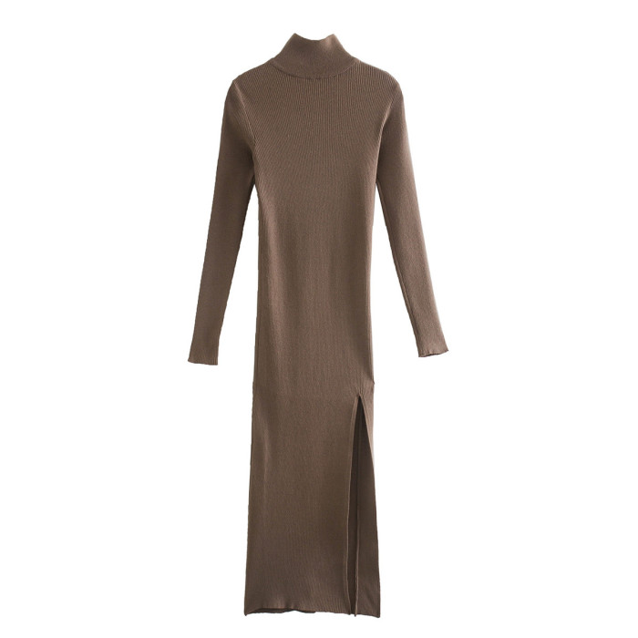 Long Sleeve Turtleneck Elastic Midi Sweater Dress