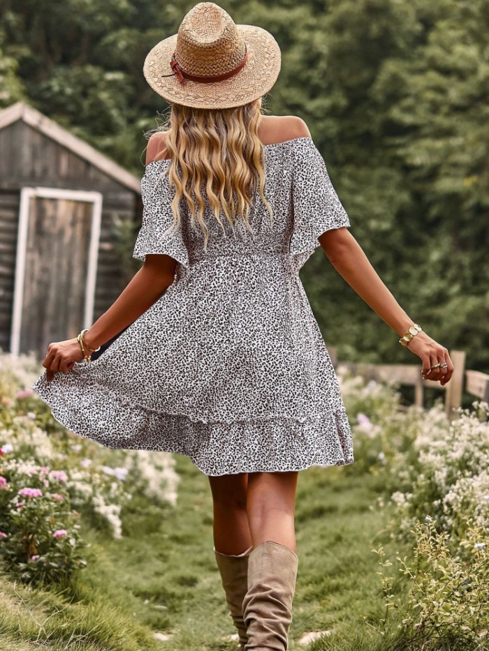 Elegant Print Sexy Off Shoulder Ruffles Mini Dress